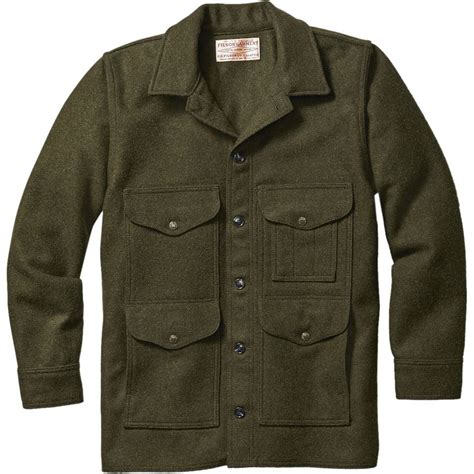 FEATURES of the <b>Filson</b> Men's <b>Mackinaw</b> <b>Wool</b> Field <b>Jacket</b> Hip-length <b>jacket</b> made with warm and durable 100% virgin <b>mackinaw</b> <b>wool</b> Drawcord-adjustable hem and full-length front zipper with standing collar Zip-closing hand warmer, chest, and interior security pockets Rib-knit cuffs made with warm and durable <b>wool</b>/nylon blend Fabric Details. . Filson mackinaw wool jacket